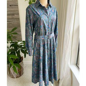 Vintage BEDFORD FAIR 80’s Blue Paisley Long Sleeve Belted Shirt Midi Dress
